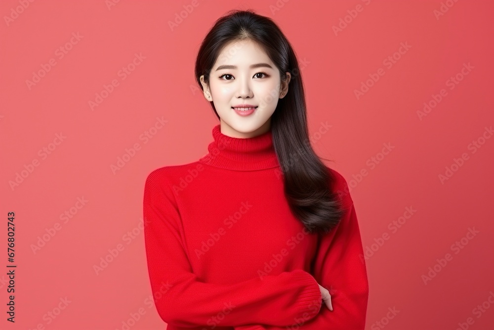 portrait of attractive Korean girl in sweater, showing promotional offer, single color background, generative ai portrait of attractive Korean girl in sweater, showing promotional offer, single color background, generative ai