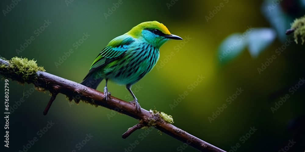 A bird with a bright green head and yellow head sits on a branch,Chartreuse Charisma: A Bright Green and Yellow-Headed Bird Enjoying a Perch