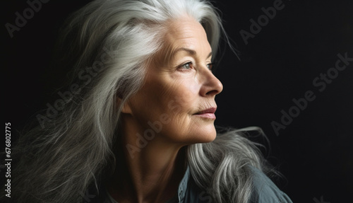 Graceful Elegance: Beautiful Mature Lady Poses Radiantly Against a Grey Backdrop for Bestage Product Promotion, AI generated photo