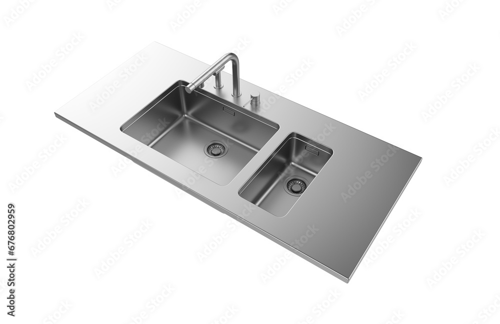 A stainless steel kitchen sink isolated on a white background, equipped with a faucet, and rendered in 3D.