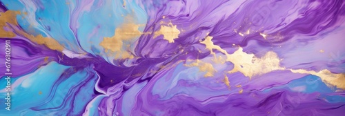 Banner with fluid art texture. Backdrop with abstract mixing paint effect. Liquid acrylic artwork that flows and splashes. Mixed paints for interior poster. Blue, gold and purple colors