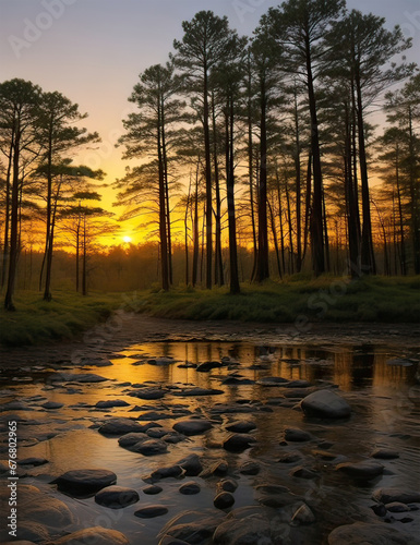 Peaceful view of sunset forest landscape generated by AI