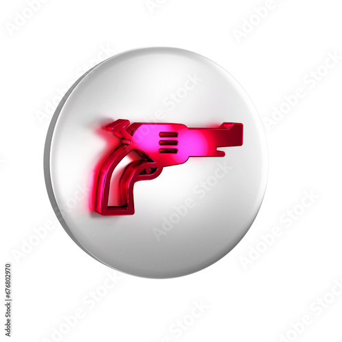 Red Revolver gun icon isolated on transparent background. Silver circle button.