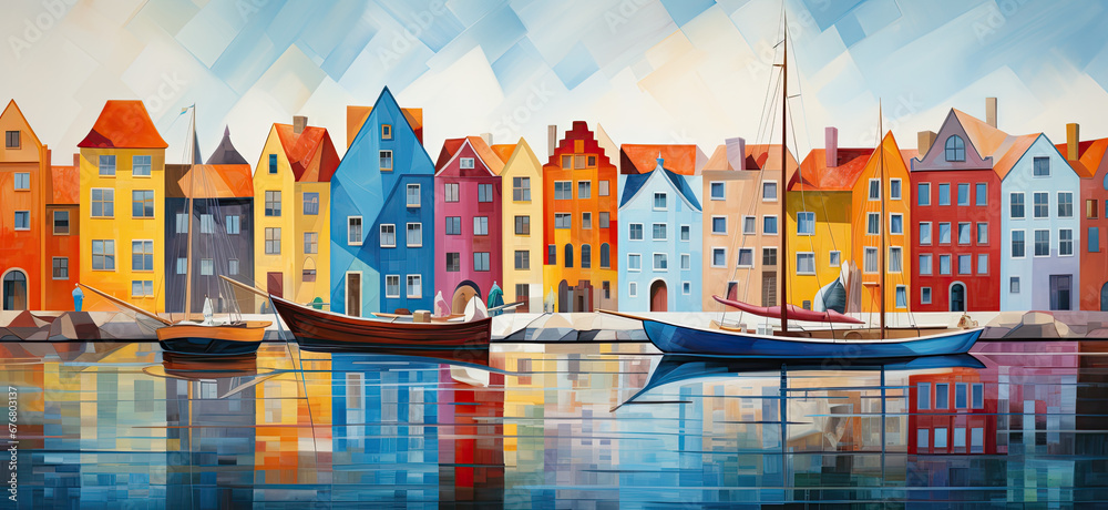 Beautiful nordic city maritime scene with colorful buildings and a folkloric theme, colorful palette and azure waters
