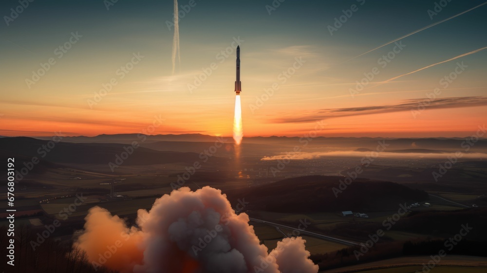 a rocket takes off into the air with a plume of smoke in front of it