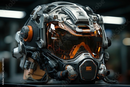 AI generated illustration of a black helmet with orange lenses rests on a table in a modern setting. © Wirestock