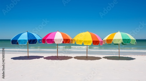 a row of colorful umbrellas at the beach by the ocean © Wirestock