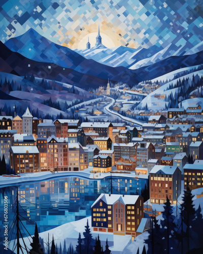 panorama of the city of night in winter