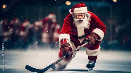 Santa plays hockey on a skating rink in the evening. photo