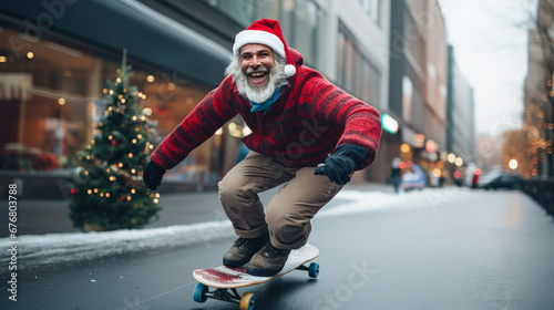 Laughing man in a Santa hat rides a skateboard through the streets of a city decorated for Christmas