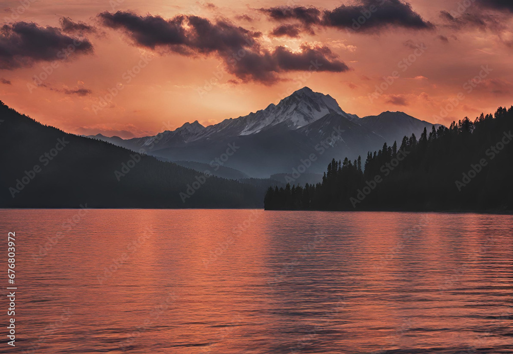 A sunset over a mountain lake with mountains in the background.AI generated