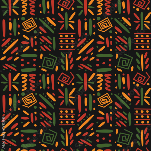 African ethnic tribal seamless pattern background. Vector red, yellow, green abstract symbols, square repeat lines backdrop for Black History Month, Juneteenth, Kwanzaa print, banner, wallpaper