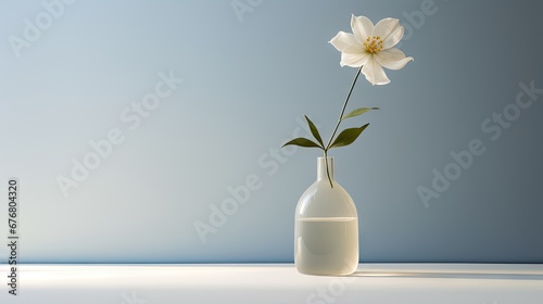  a single white flower in a white vase on a white table with a blue wall in the backround.  generative ai