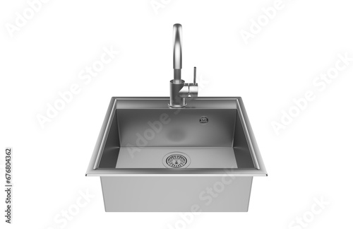 A stainless steel kitchen sink isolated on a white background, equipped with a faucet, and rendered in 3D.