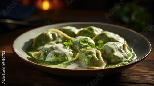  a close up of a plate of food with broccoli and sauce on a wooden table with a candle in the background.  generative ai