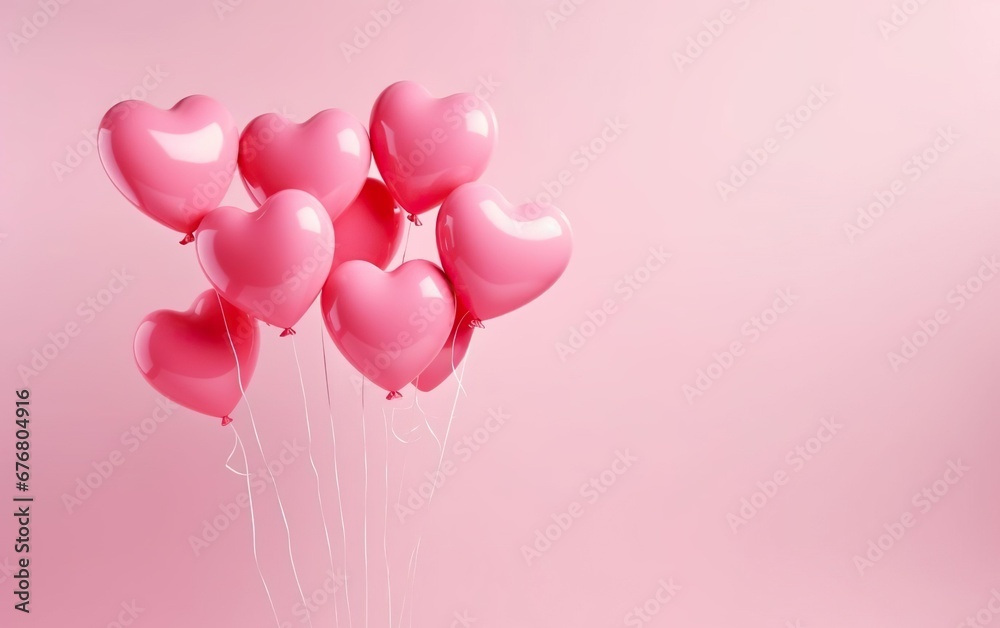 Bunch of pink heart shaped latex balloons tied together isolated on pastel pink background. Copy space at the right. Valentines day, engagement or wedding party poster. AI Generative Bunch of pink heart shaped latex balloons tied together isolated on pastel pink background. Copy space at the right. Valentines day, engagement or wedding party poster. AI Generative