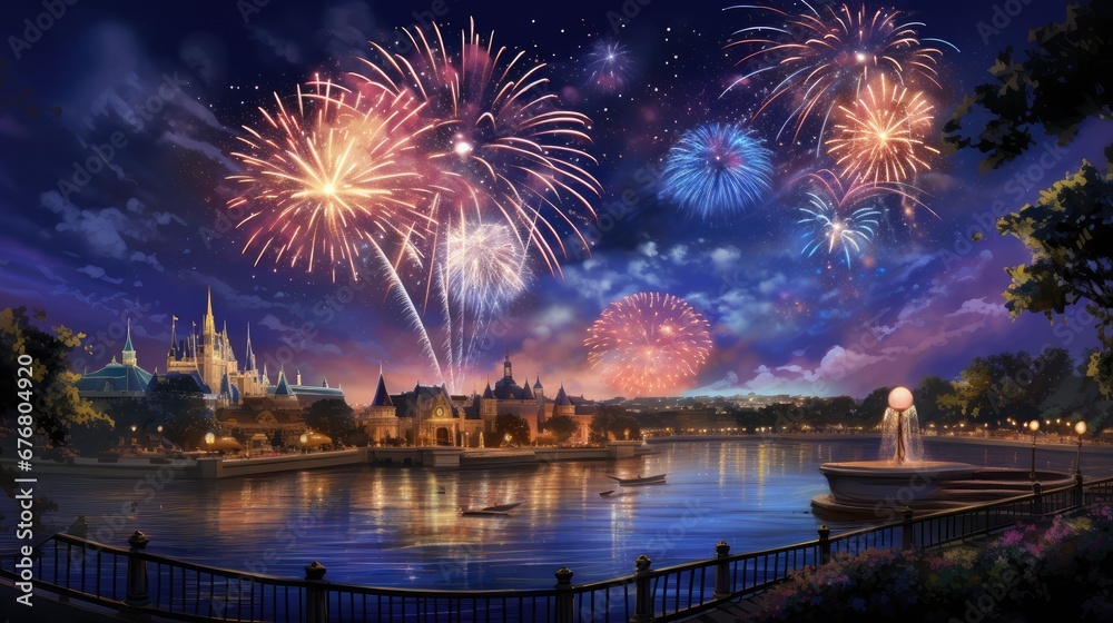  a painting of fireworks in the sky over a body of water with boats in the water and a castle in the background.  generative ai