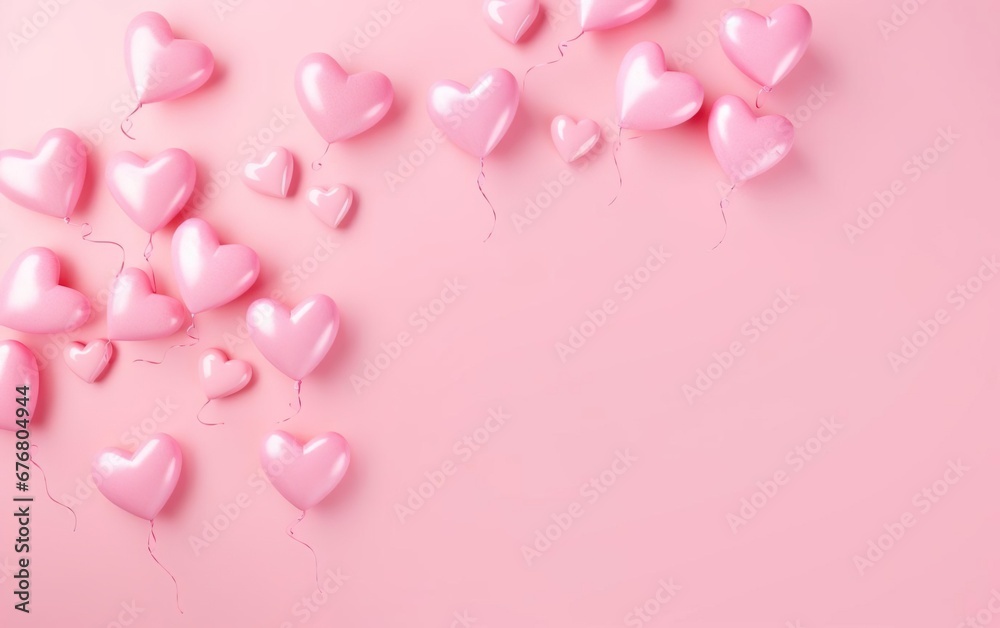 Pastel pink background with heart shaped balloons, over the shoulder, top view, flat lay, copy space at the right. Valentines day, engagement or wedding party poster. AI Generative