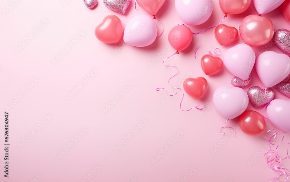 Pink background with pink and red balloons, over the shoulder, top view, flat lay, copy space at the left. Happy valentines day, engagement or wedding party poster. AI Generative
