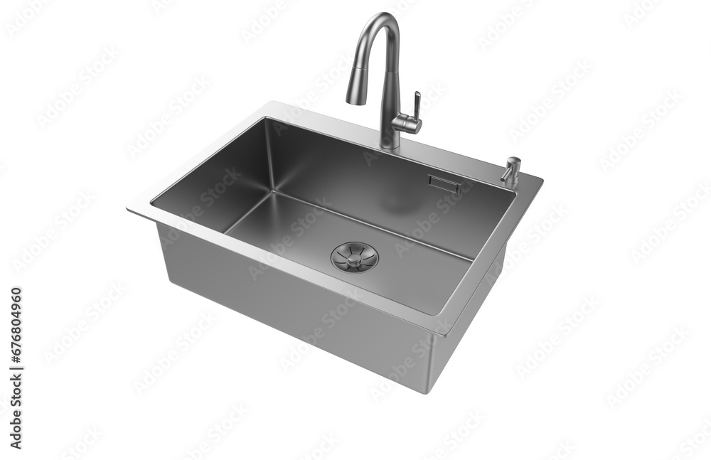 A stainless steel kitchen sink isolated on a white background, equipped with a faucet, and rendered in 3D. A stainless steel kitchen sink isolated on a white background, equipped with a faucet, and rendered in 3D.