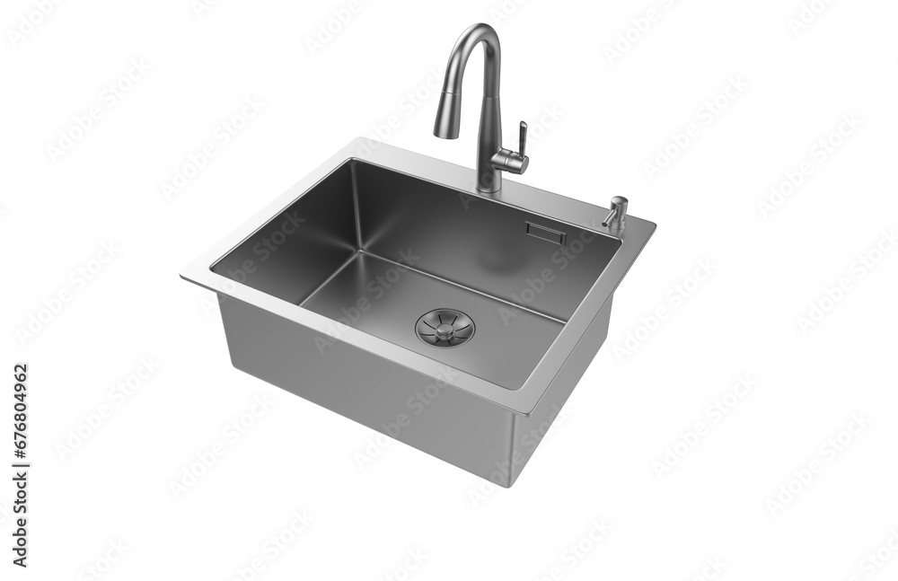 A stainless steel kitchen sink isolated on a white background, equipped with a faucet, and rendered in 3D. A stainless steel kitchen sink isolated on a white background, equipped with a faucet, and rendered in 3D.