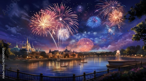  a painting of fireworks in the sky over a body of water with boats in the water and a castle in the background. generative ai