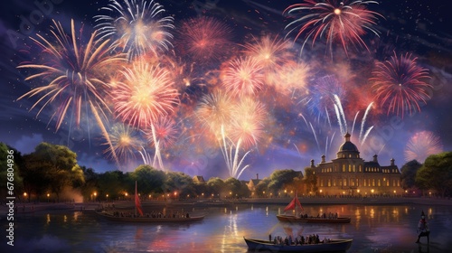 a painting of fireworks in the sky over a body of water with boats in the water and a building in the background. generative ai