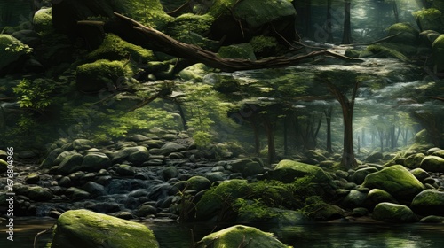  a painting of a forest filled with lots of green rocks and trees with a stream running through the middle of it.  generative ai