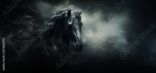 Dark style stylized portrait of horse in the smoke