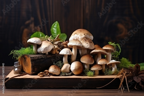 Fresh forest mushrooms /Boletus edulis (king bolete) / penny bun/ porcini/mushroom in an old bowl/plate and rosemary parsley herbs on the wooden dark brown table, top view background banner
