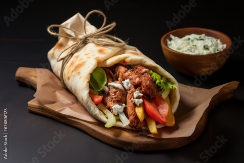 Greek gyros wrapped in pita breads on a wooden table, shawarma sandwich photo