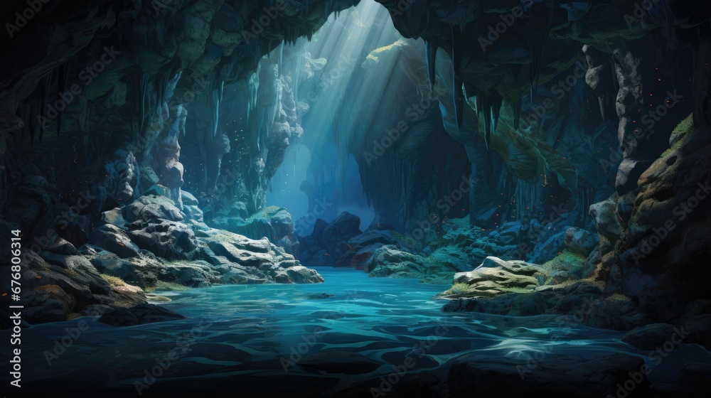  a painting of a river in a cave with sunlight coming from the ceiling and water flowing from the cave to the ground.  generative ai