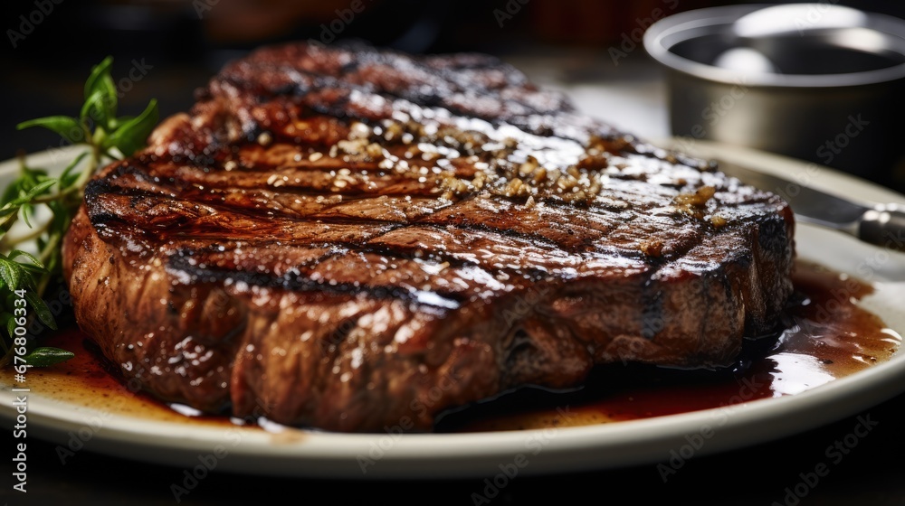 a close up of a steak on a plate with sauce and garnished with a sprig of parsley. generative ai a close up of a steak on a plate with sauce and garnished with a sprig of parsley. generative ai