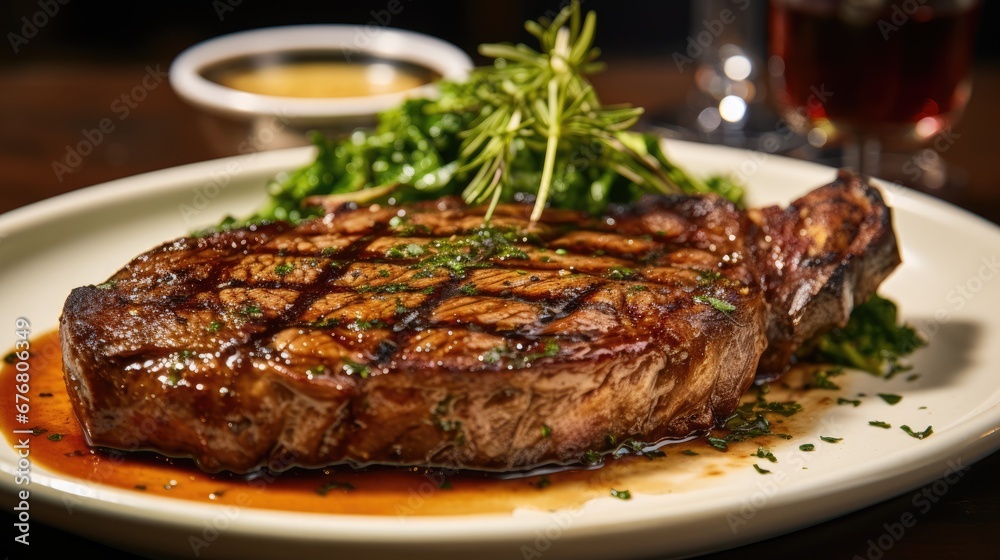 a steak on a plate with a garnish of green garnish and a glass of wine in the background. generative ai a steak on a plate with a garnish of green garnish and a glass of wine in the background. generative ai
