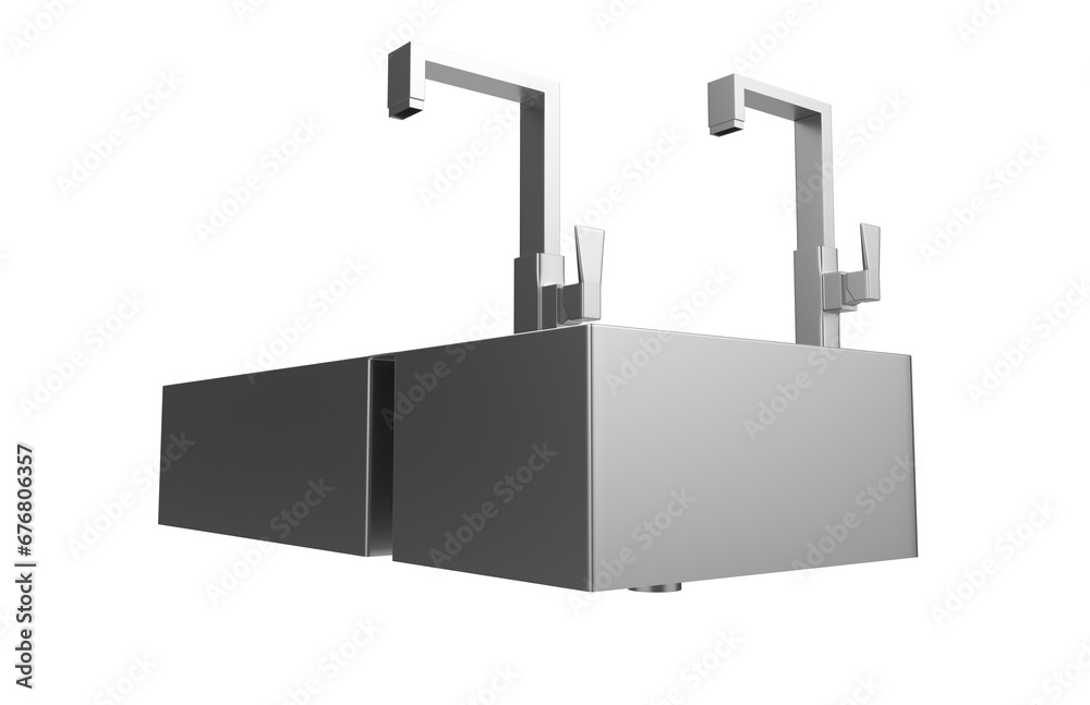 A stainless steel kitchen sink isolated on a white background, equipped with a faucet, and rendered in 3D. A stainless steel kitchen sink isolated on a white background, equipped with a faucet, and rendered in 3D.