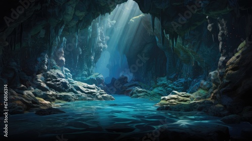  a painting of a river in a cave with sunlight coming from the ceiling and water flowing from the cave to the ground. generative ai