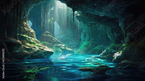  a painting of a cave with a stream in the foreground and a waterfall in the middle of the cave. generative ai