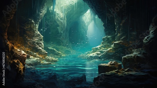  a painting of a cave with a stream in the middle of it and a light at the end of the tunnel.  generative ai