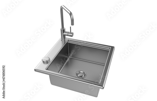 A stainless steel kitchen sink isolated on a white background, equipped with a faucet, and rendered in 3D.