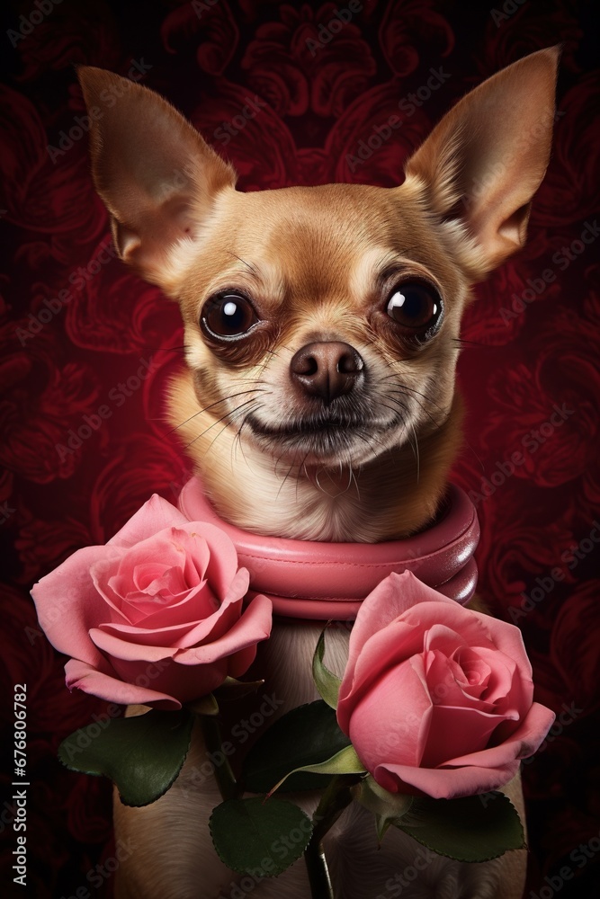 Portrait valentines of a cute chihuahua dog with roses