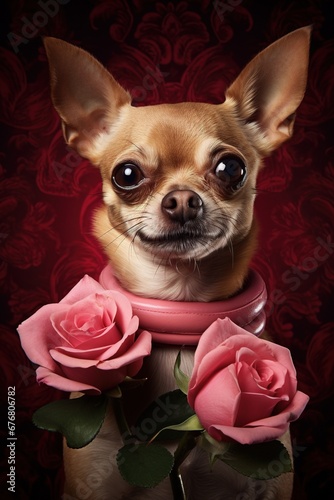 Portrait valentines of a cute chihuahua dog with roses