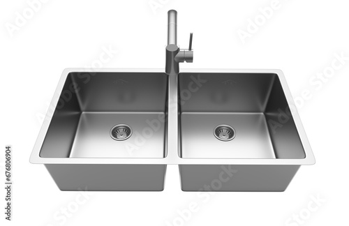 A stainless steel kitchen sink isolated on a white background, equipped with a faucet, and rendered in 3D.
