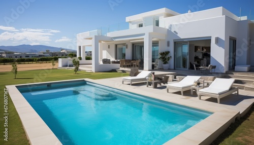Luxurious and serene modern white house with spectacular mountain views and inviting swimming pool