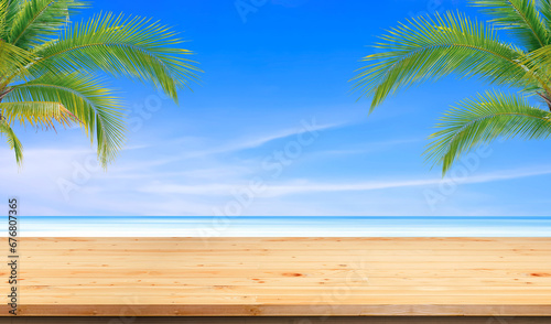 Empty wooden table with Coconut Palm Tree Branch on blurred Sea view Background for Products Introduction Display Presentation in Summer style