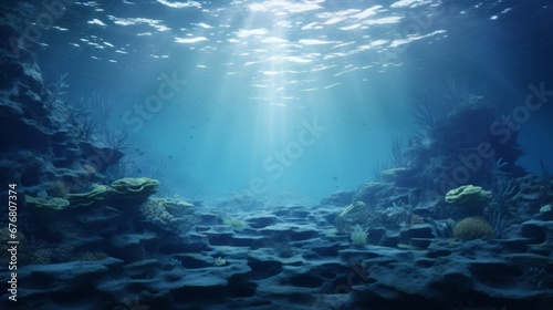 Underwater Sea - Deep Abyss With Blue Sun light Alongside With Coral Reefs and Seabed at Buttom of The Sea © Twinny B Studio