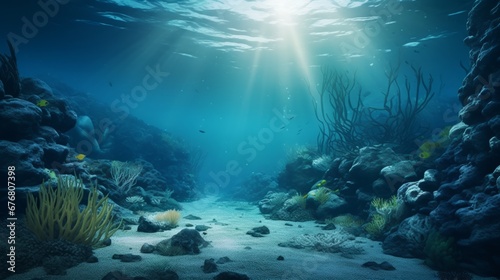 Underwater Sea - Deep Abyss With Blue Sun light Alongside With Coral Reefs and Seabed at Buttom of The Sea