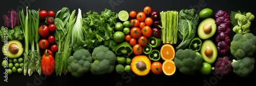 Fresh and colorful assortment of vegetables and fruits on dark solid background   top view flat lay © Ilja