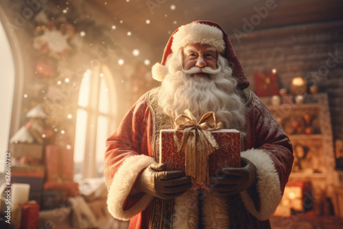 Santa Claus holding a present, AI generated