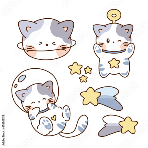 set of handdrawn cute kitten cat at space illustration vector clip art