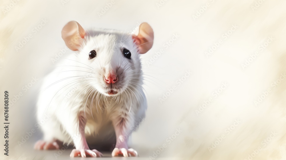 a close up of a white rat on a white background with a blurry image of it's face. generative ai a close up of a white rat on a white background with a blurry image of it's face. generative ai